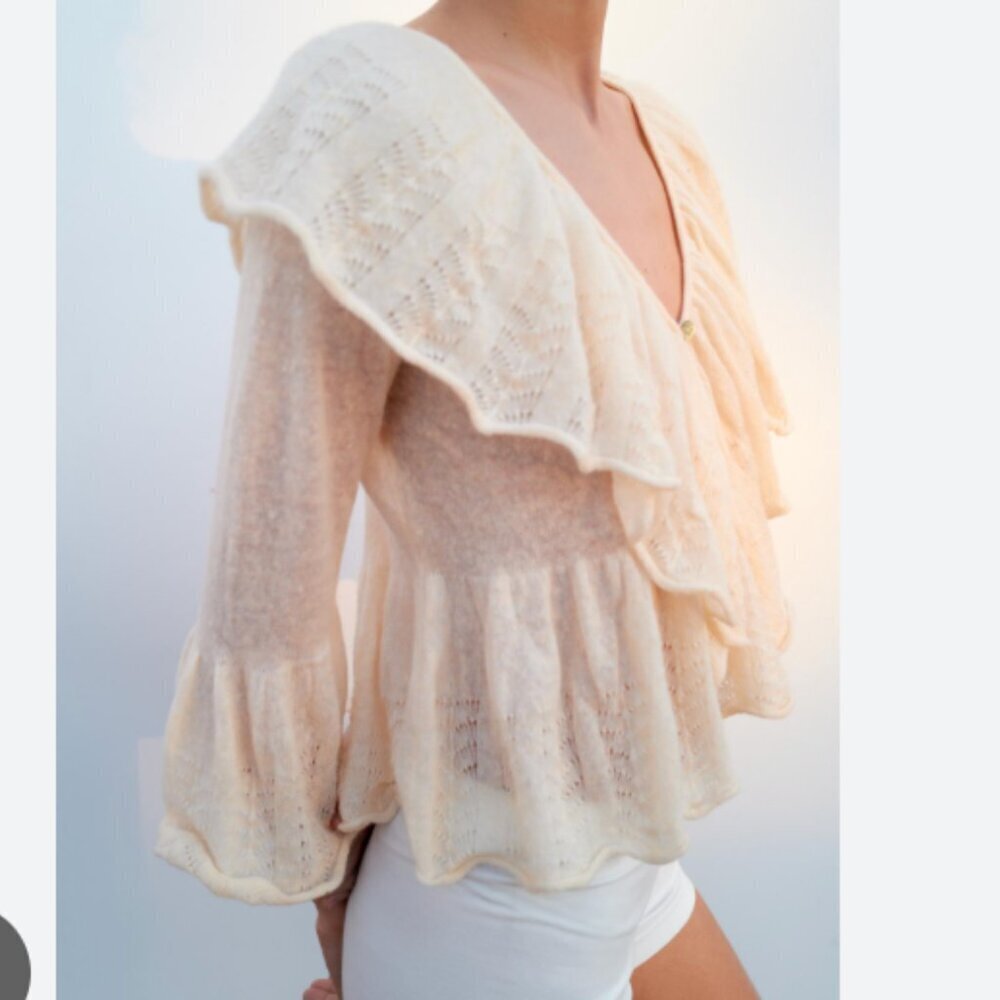 ZARA Cream Ruffle Fairy Button Pointelle Wool Blend Knit Romantic Blouse Top - Picture 12 of 12